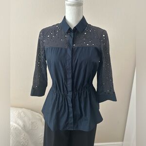 Akris Punto Navy  Eyelet Button-Up Blouse with cinched waistband
